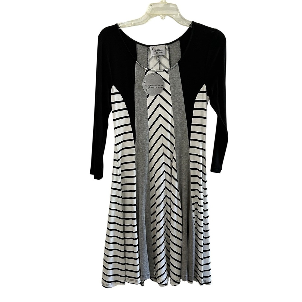 Lynn Ritchie Dress Womens Small Black White Stripe 3/4 Sleeve Flare Hem NWT
